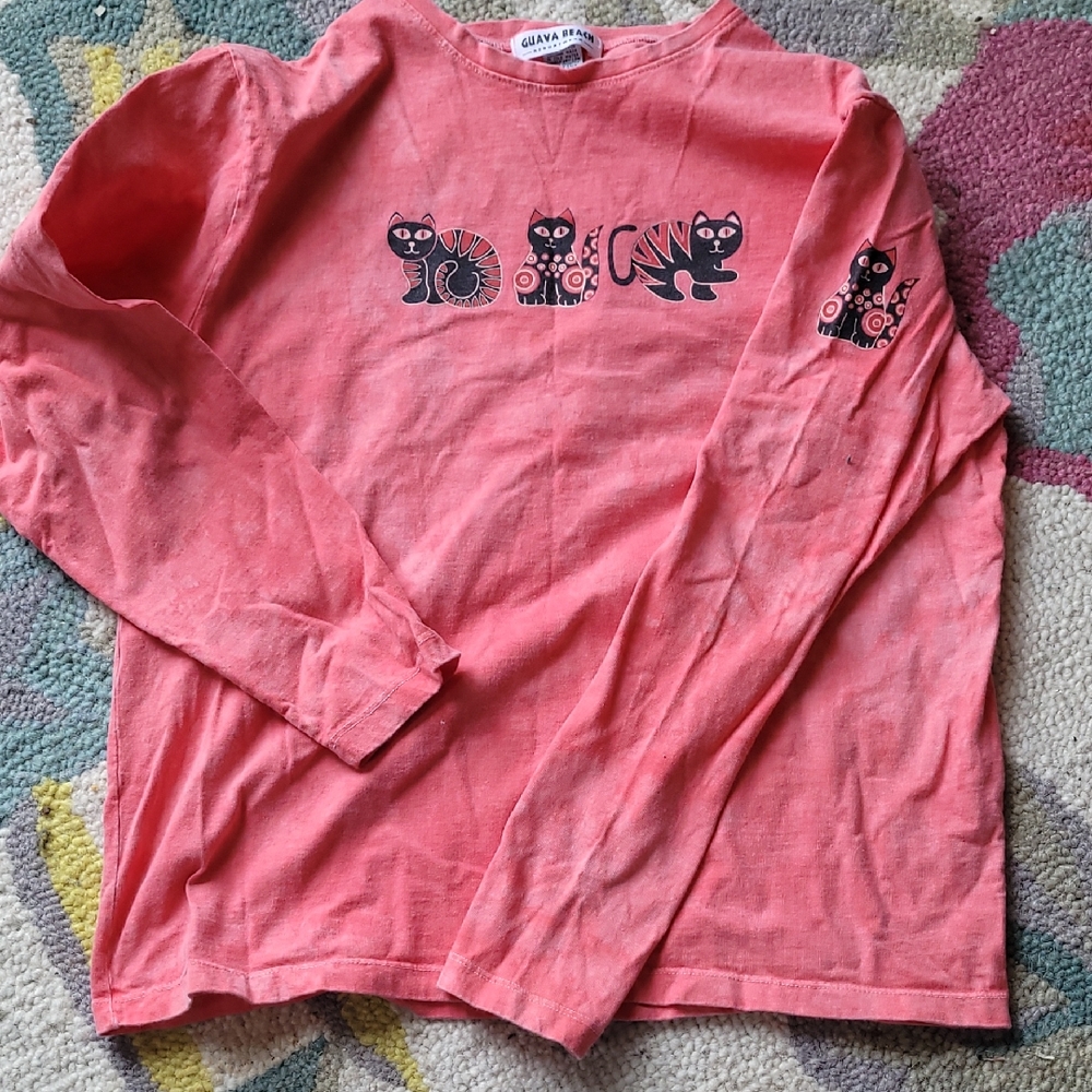 Womens Coral Pink Long-Sleeve Cat Graphic Tee